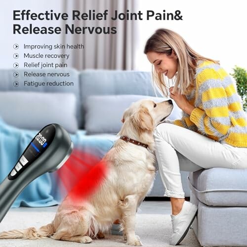 Woman using laser therapy device on a dog with benefits listed.