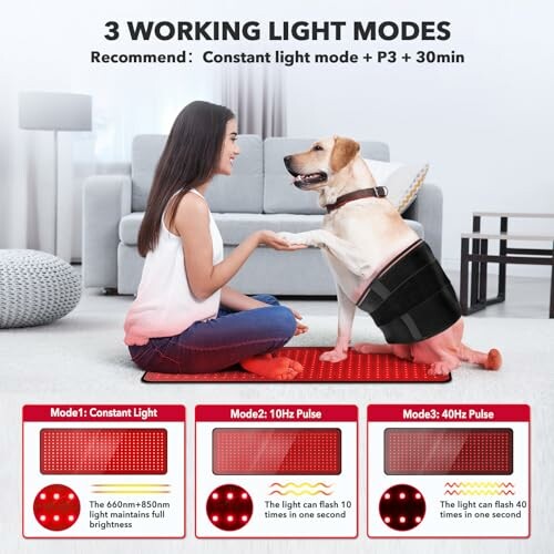 Woman with dog using light therapy device with 3 working modes.