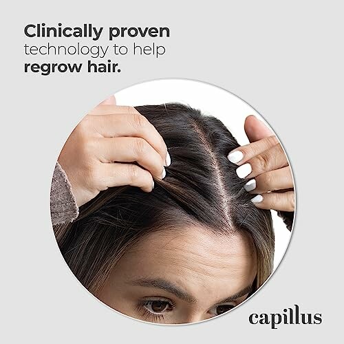 Person showing hair regrowth on scalp with text about clinically proven technology.