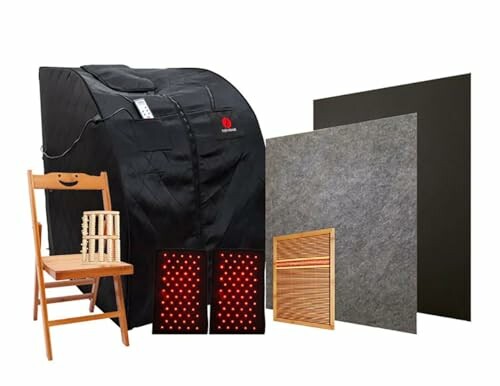 Portable home sauna with accessories including a chair, panels, and heating elements.