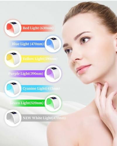 Woman with LED light therapy color options for skincare.