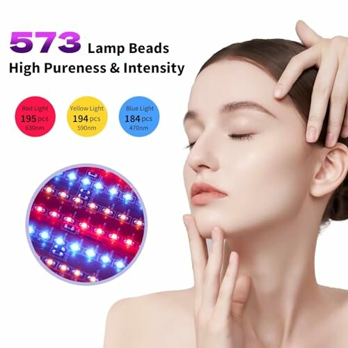 Woman using LED light therapy device with red, yellow, and blue lights