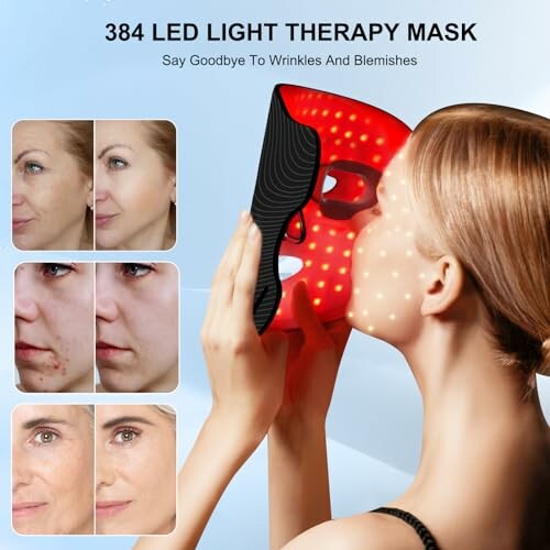 Woman using LED light therapy mask with before and after skin images.