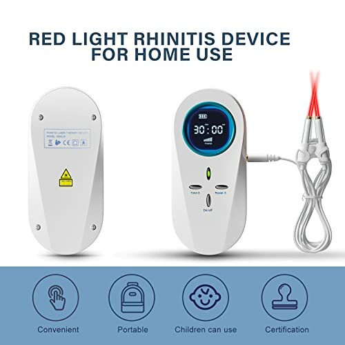 Red light rhinitis device for home use with display and nasal probes