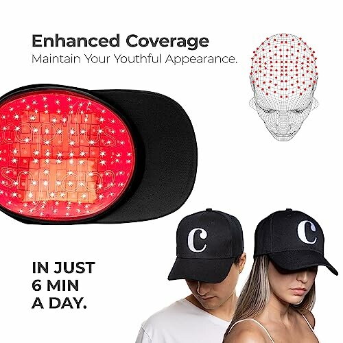 Red light therapy cap for hair growth with enhanced coverage, worn by two models.