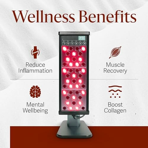 Red light therapy device with wellness benefits listed.
