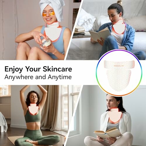 Collage of women using LED face masks in various settings.