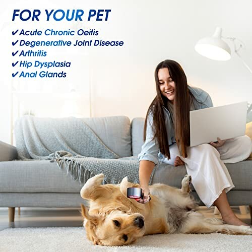 Woman grooming a golden retriever on the floor with listed pet health issues.